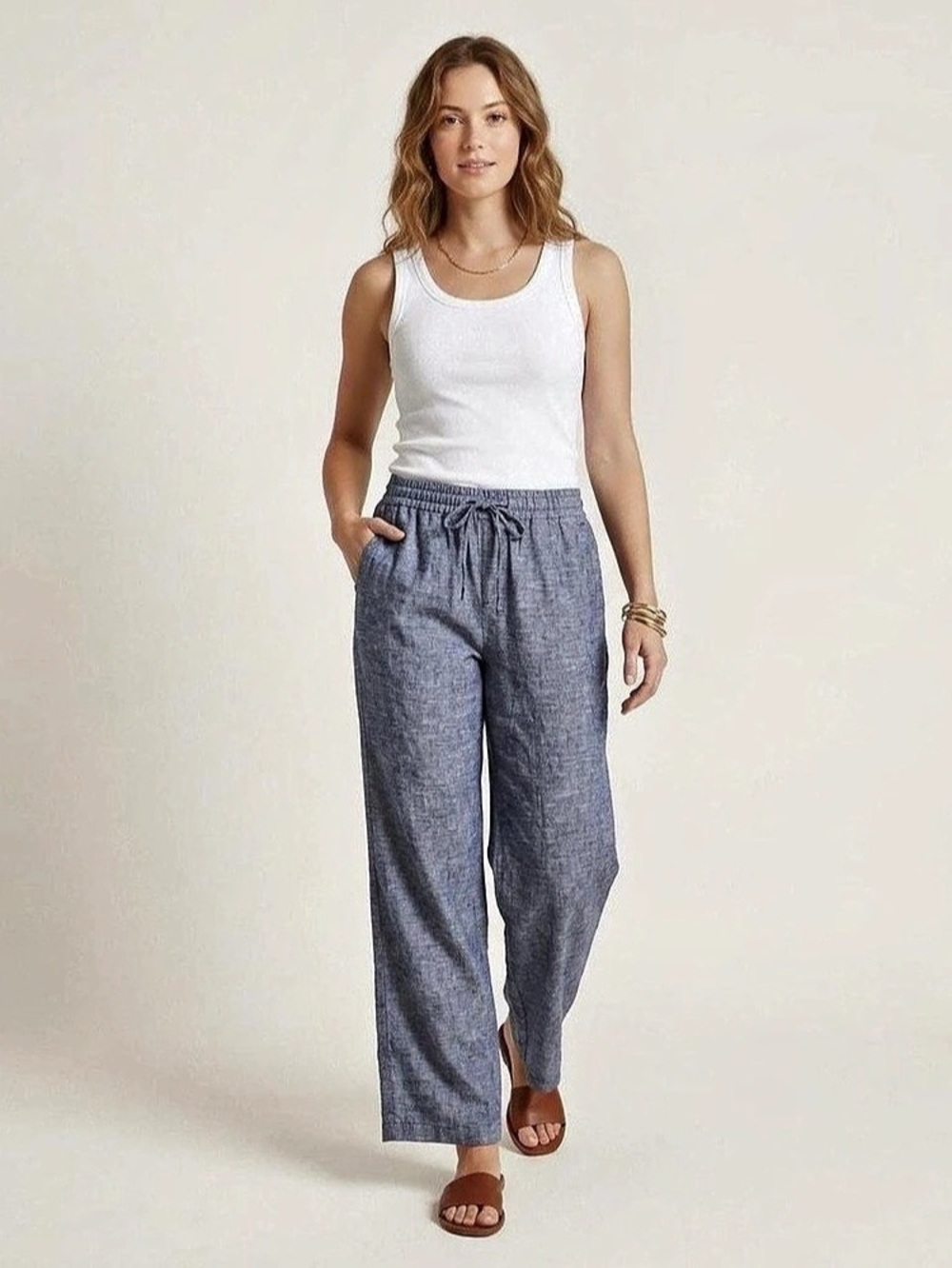 Old Navy Linen-Blend Pull-On Pants Wide Leg Blue Size Large
